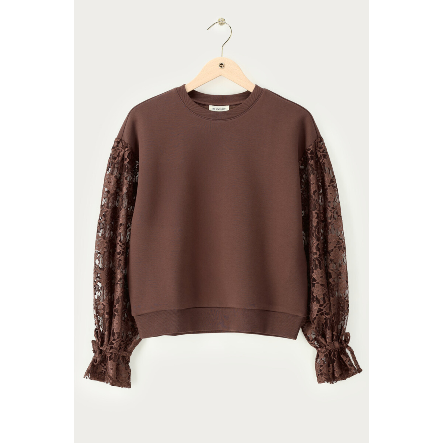 Bruine sweater met kanten mouwen - Afbeelding 3